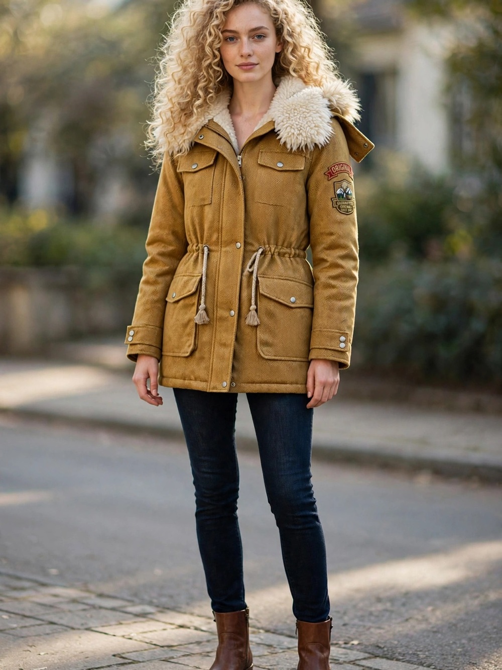 Market & Spruce Mustard-Tan Utility Parka with Faux Shearling Collar